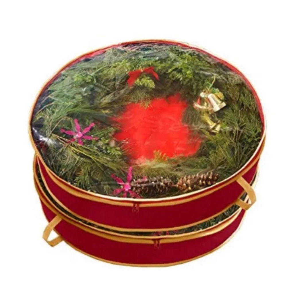 Simplify Holiday/ Christmas Set of Two 30 Inch Wreath Storage Totes- Red & Gold